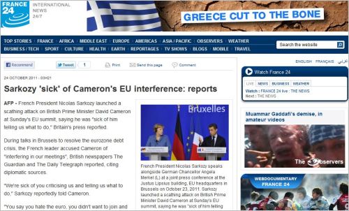Sarkozy 'sick' of Cameron's EU interference_reports