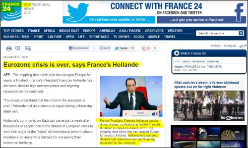 France 24 International: Eurozone crisis is over says France's Hollande